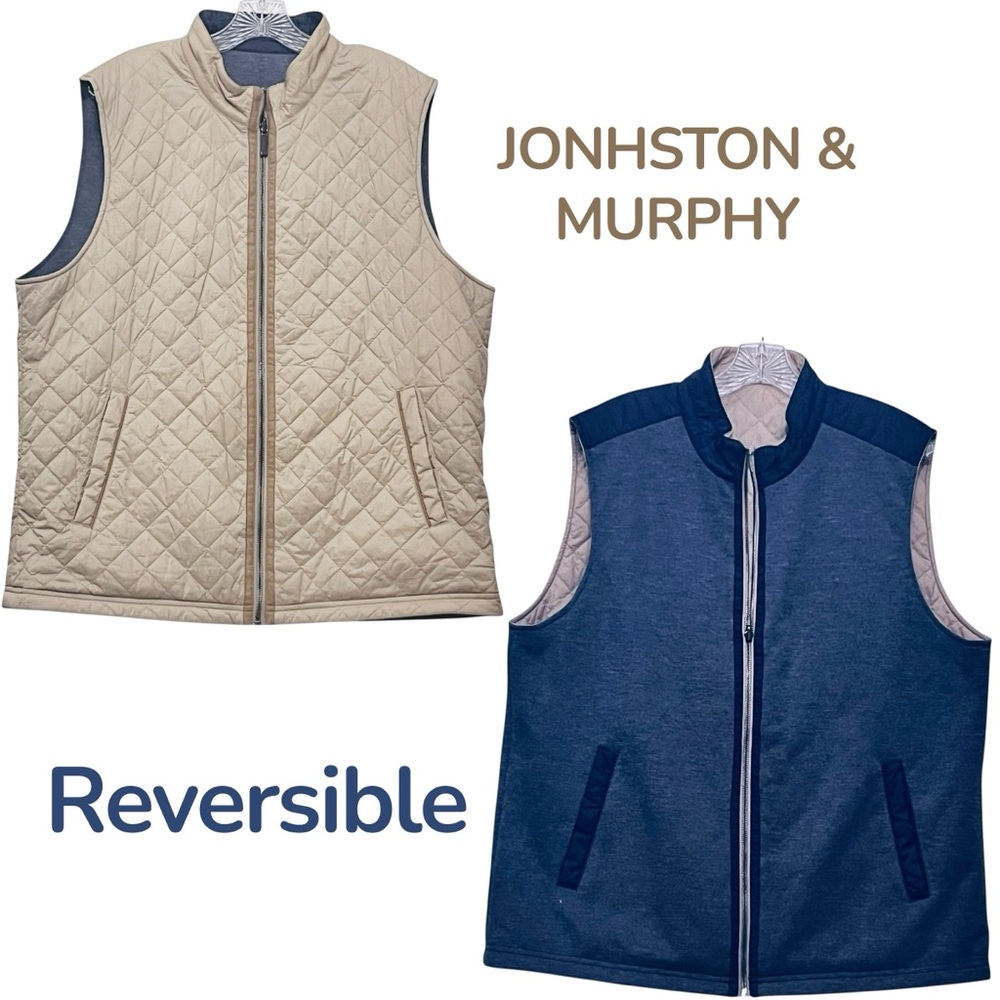 Johnstone & Murphy Vest Men’s Sz XL  Reversible Tan Quilted - Blue Pique/Knit